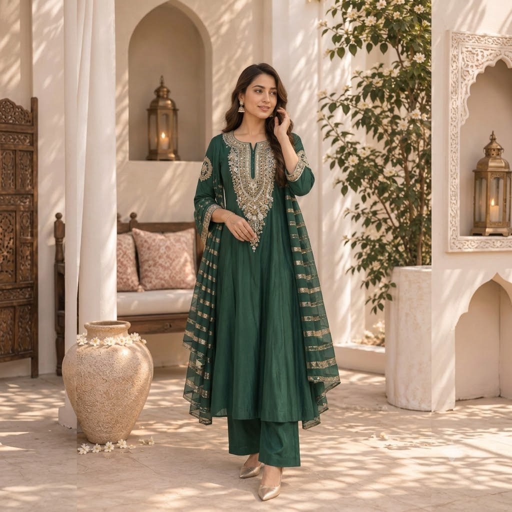Gulnaar Raw Silk Anarkali Set