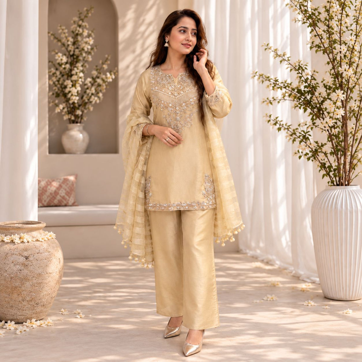 Golden Tissue Embroidered Festive Suit Set