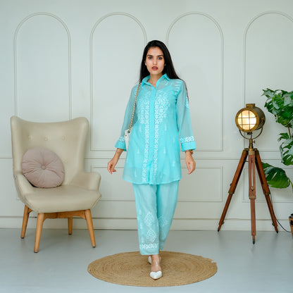 Aqua Chikankari Shirt Co-Ord