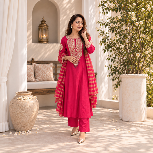 Gulnaar Raw Silk Anarkali Set